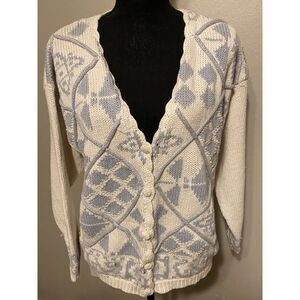 Vintage Exclusive Imports Womens Cardigan Sweater Size M Cream Light Blue Pearls